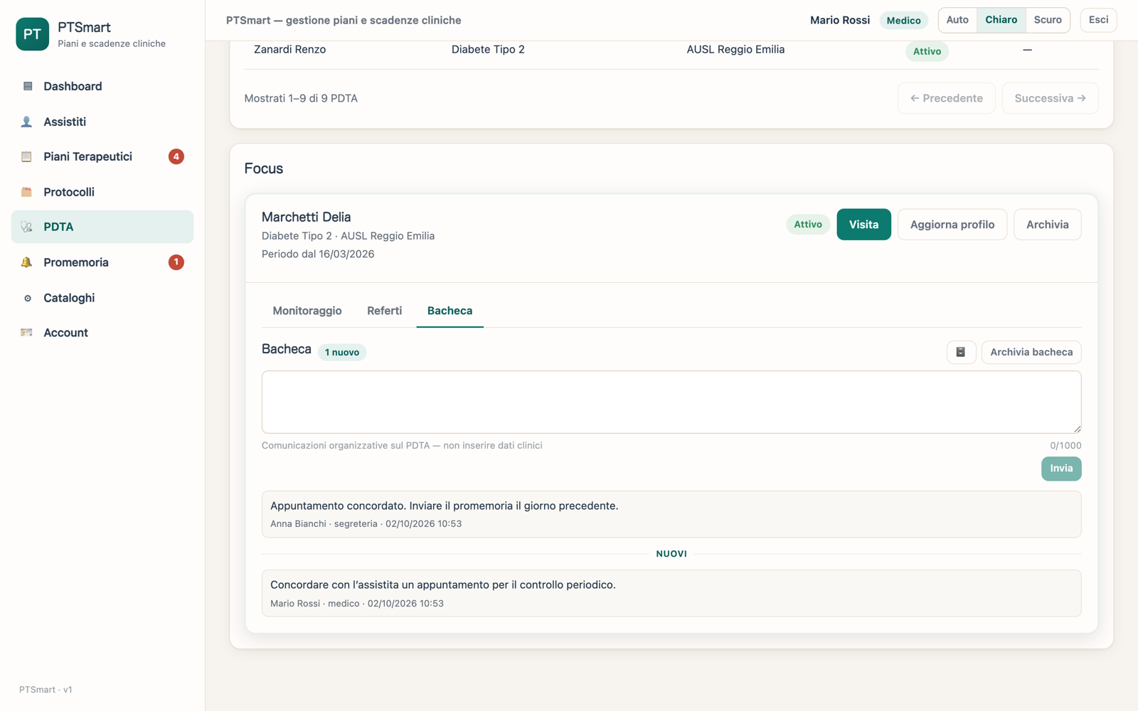 Bacheca PTSmart di un PDTA con messaggi organizzativi di esempio; tutti i dati mostrati sono fittizi.